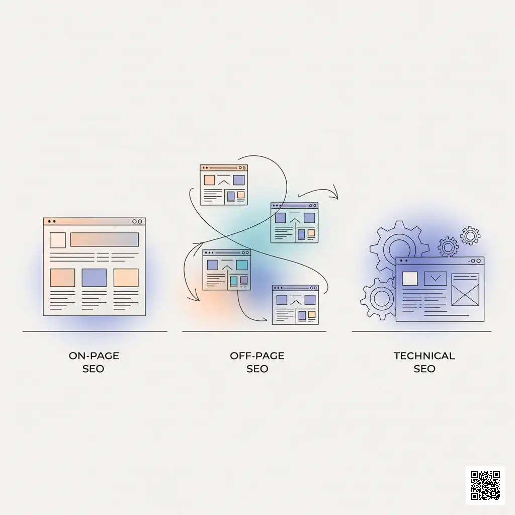 Darstellung der SEO Grundlagen mit On-Page, Off-Page und technischem SEO als übersichtliche Grafik