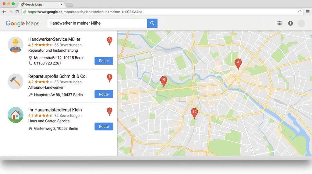 Google Maps Ergebnis für lokale Handwerker-Suche in Nürnberg