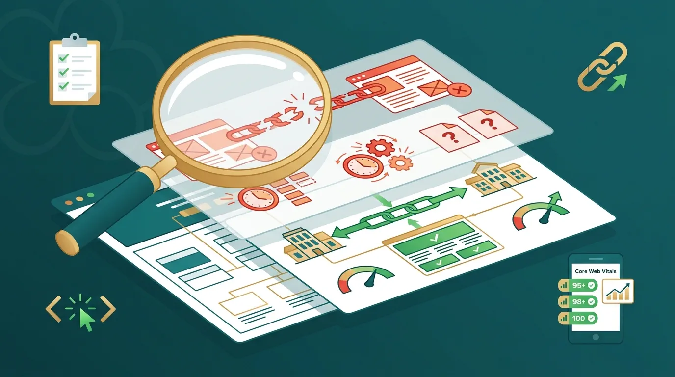 seo-audit-fuerth-technische-optimierung SEO-Audit-Illustration – Lupe über Website-Blueprint zeigt technische Fehler und Optimierungspotenziale bei Content, Backlinks und Core Web Vitals für Fürther Unternehmen