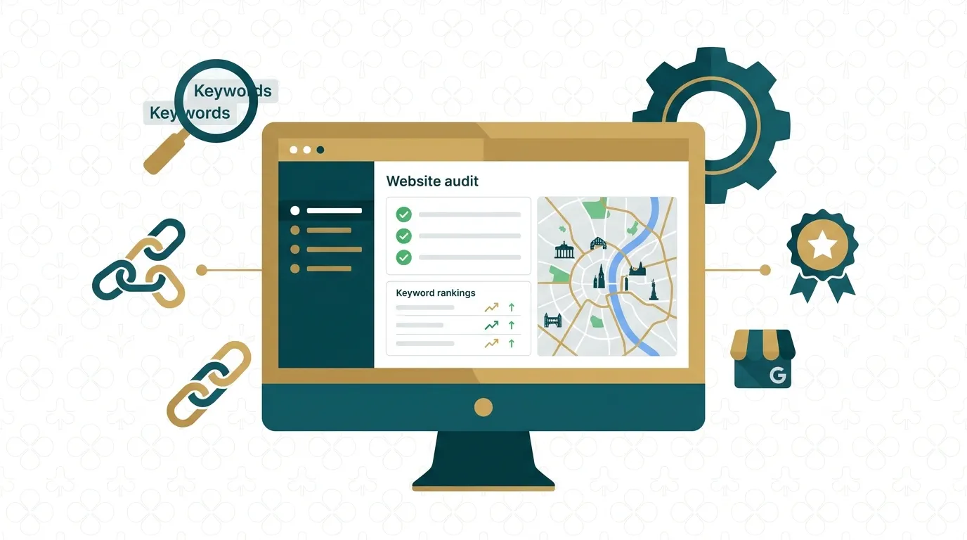 seo-services-fuerth-strategie-bausteine SEO-Strategie-Dashboard mit Audit-Ergebnissen, Keyword-Rankings und lokalen Optimierungs-Bausteinen – Icons für Backlinks, technisches SEO, Bewertungen und Google My Business für Fürth