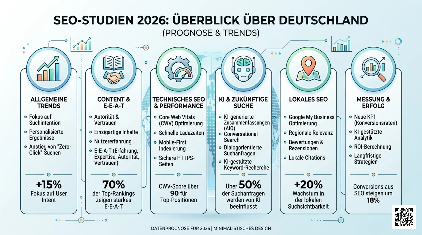 SEO Studien 2026 Übersicht – Infografik mit allen verfügbaren Datenanalysen für Deutschland